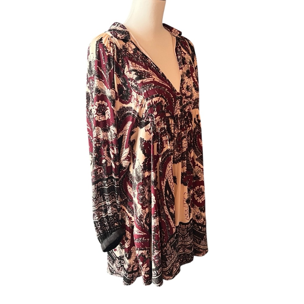 Free People Say You Love Me long-sleeve dress in burgundy and ivory SZ S - Picture 3 of 9
